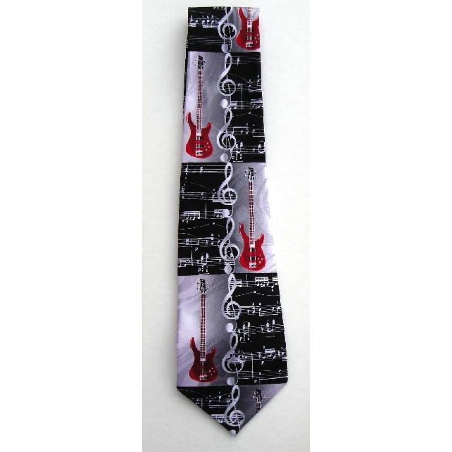1640Tie - Red, Black and White Notes with Guitars