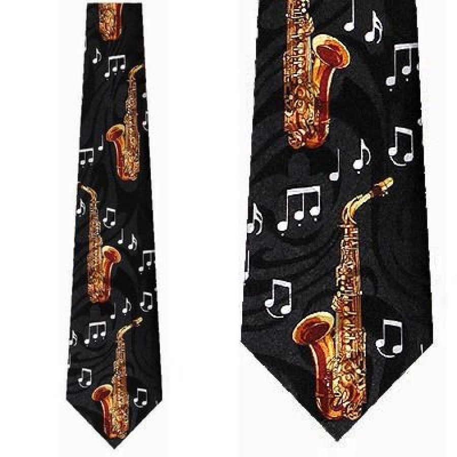 1030tie - Black with Saxes and White Music Notes